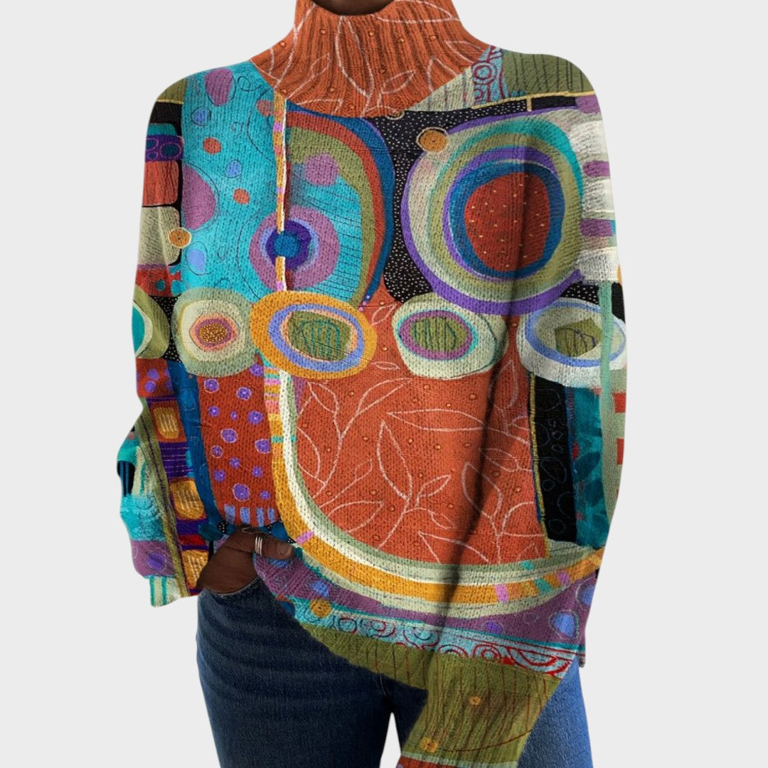 Kunstvoller Strickpullover mit Stehkragen und Blumenmuster in Blau