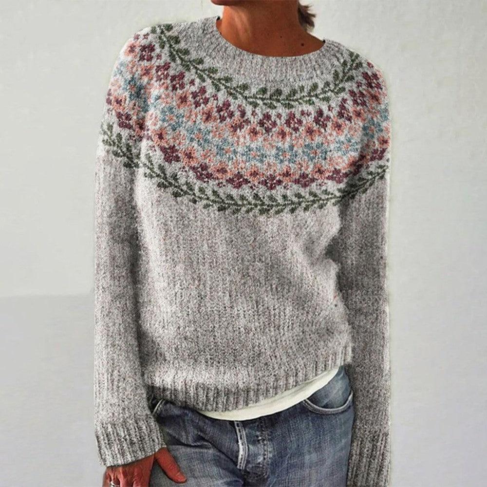 Vintage Islandpullover in Beige mit nordischem Rundpassen-Muster