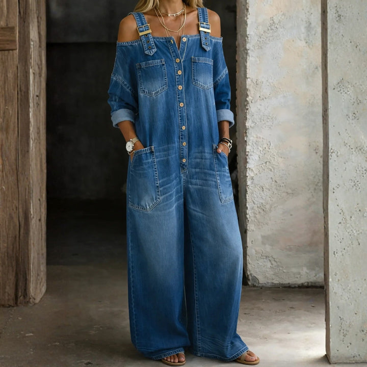 Isla | Schulterfreier Jeans-Jumpsuit