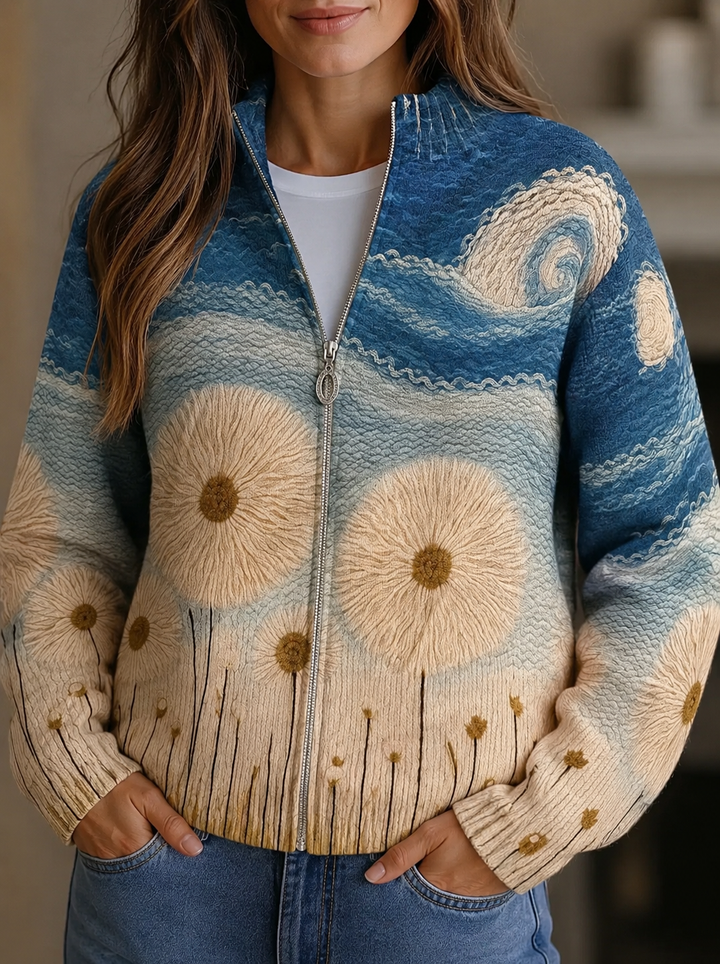 Quinn | Gesteppte Strickjacke mit Pusteblumen-Print