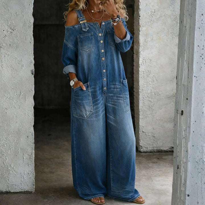 Abigail | Schulterfreier Jeans-Jumpsuit