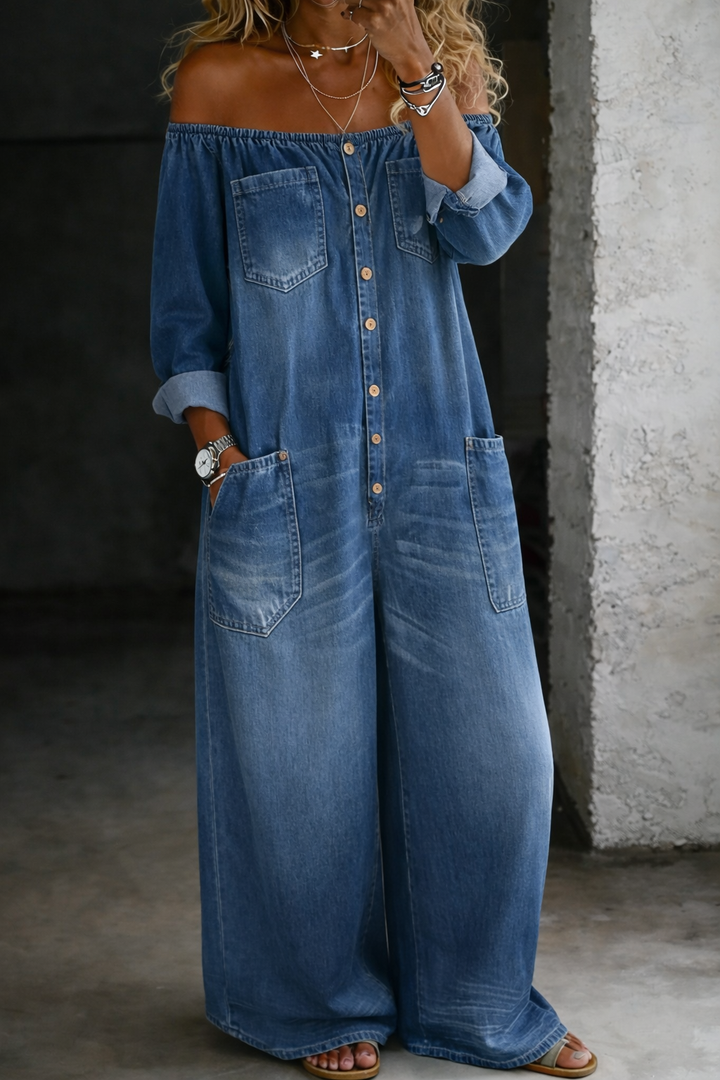 Elsie | Schulterfreier Jumpsuit mit langen Ärmeln