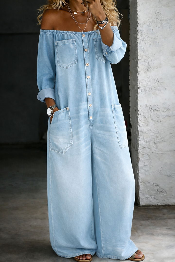 Elsie | Schulterfreier Jumpsuit mit langen Ärmeln