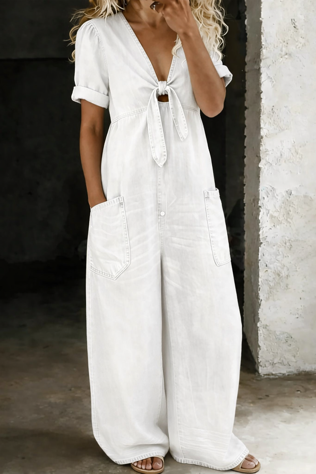 Freya | Jumpsuit mit V-Ausschnitt und kurzen Ärmeln