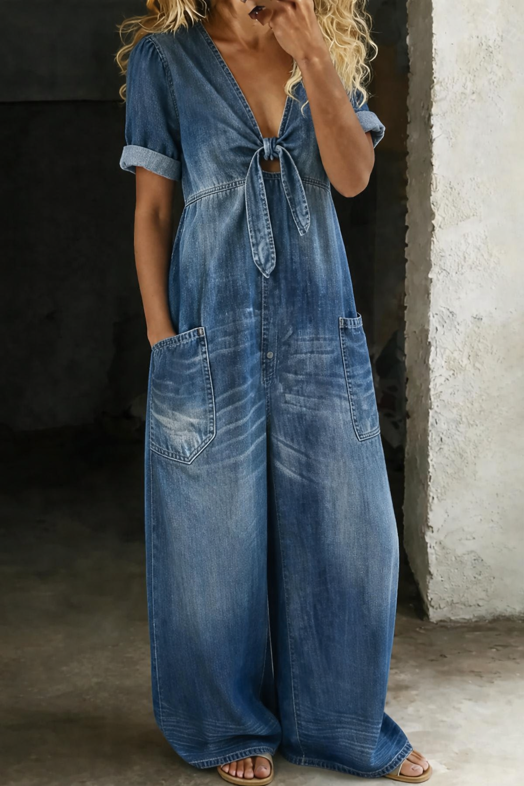 Freya | Jumpsuit mit V-Ausschnitt und kurzen Ärmeln