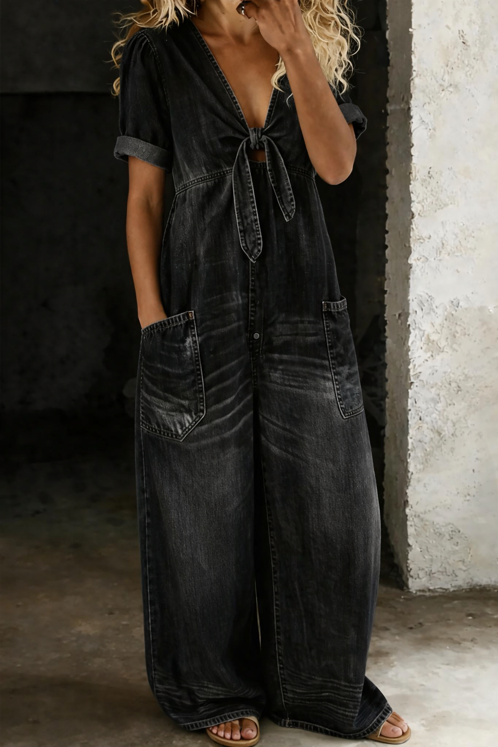 Freya | Jumpsuit mit V-Ausschnitt und kurzen Ärmeln