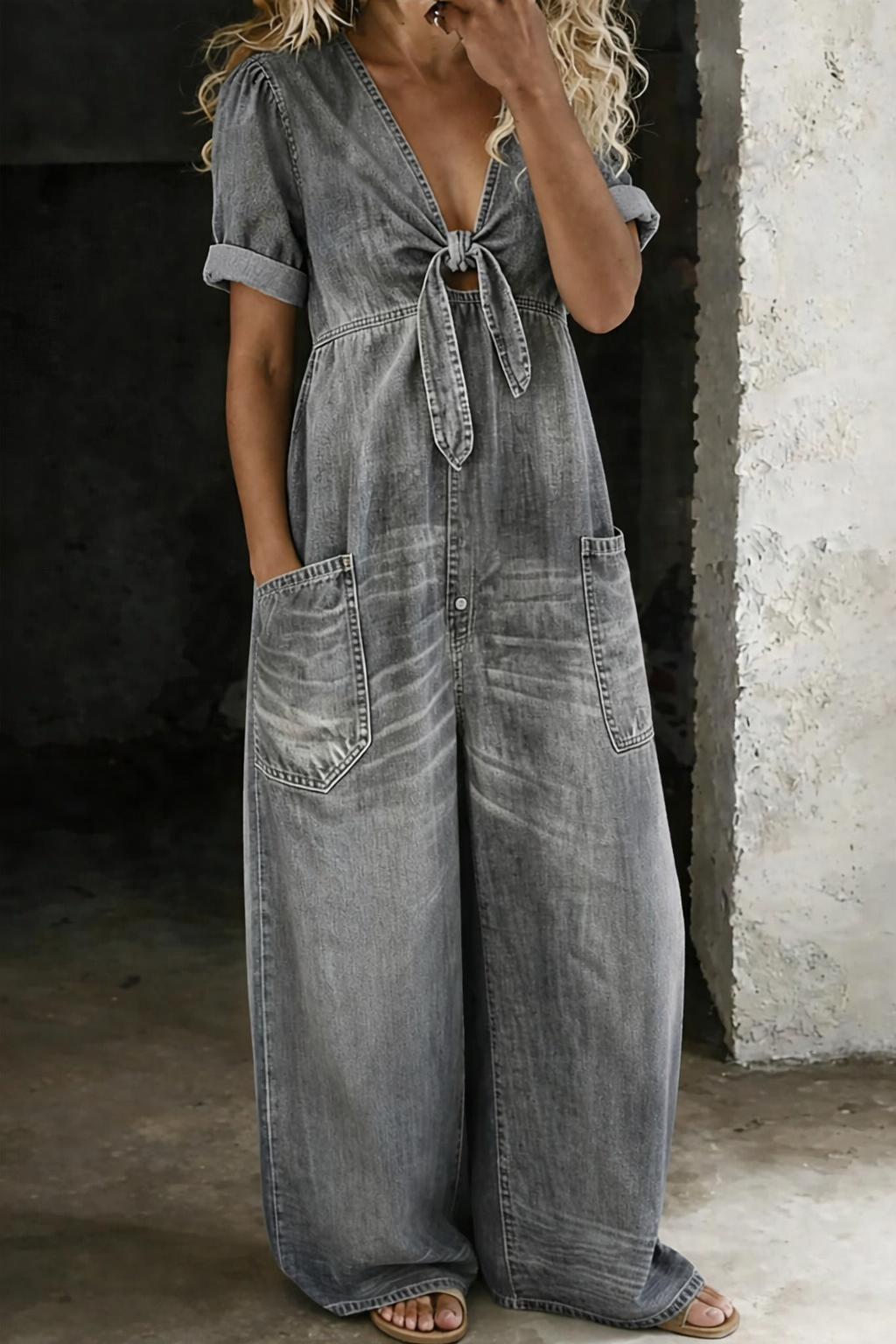 Freya | Jumpsuit mit V-Ausschnitt und kurzen Ärmeln