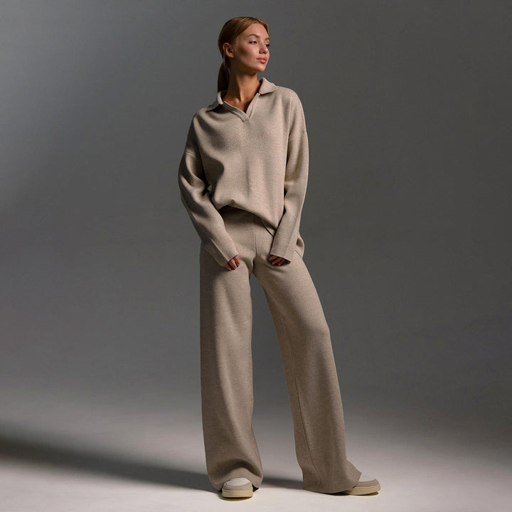 Damen Zweiteiler-Set mit Polo-Pullover und weiter Hose