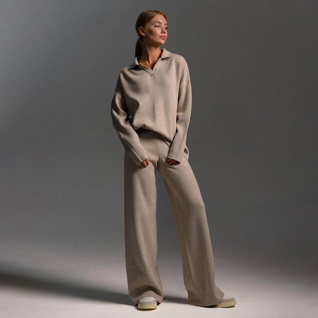 Damen Zweiteiler-Set mit Polo-Pullover und weiter Hose