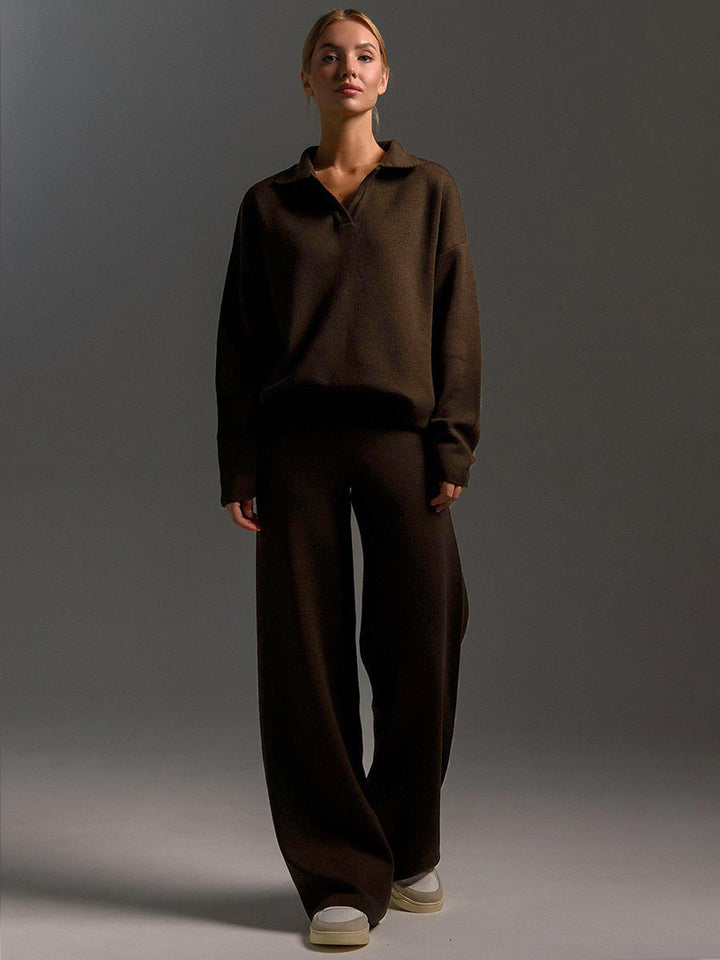Damen Zweiteiler-Set mit Polo-Pullover und weiter Hose
