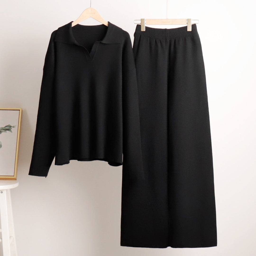 Damen Zweiteiler-Set mit Polo-Pullover und weiter Hose