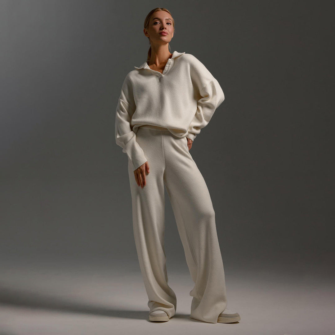 Damen Zweiteiler-Set mit Polo-Pullover und weiter Hose