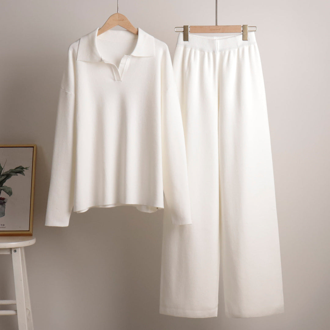 Damen Zweiteiler-Set mit Polo-Pullover und weiter Hose