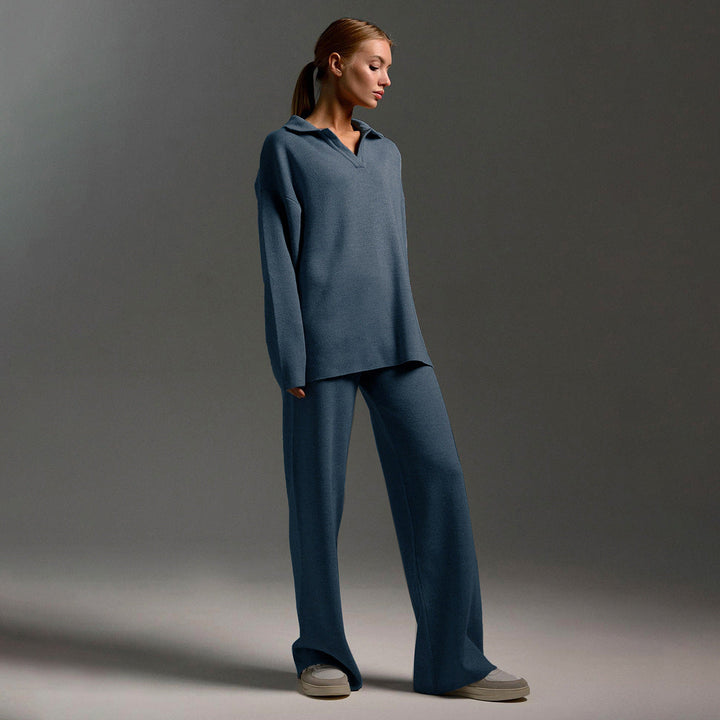 Damen Zweiteiler-Set mit Polo-Pullover und weiter Hose
