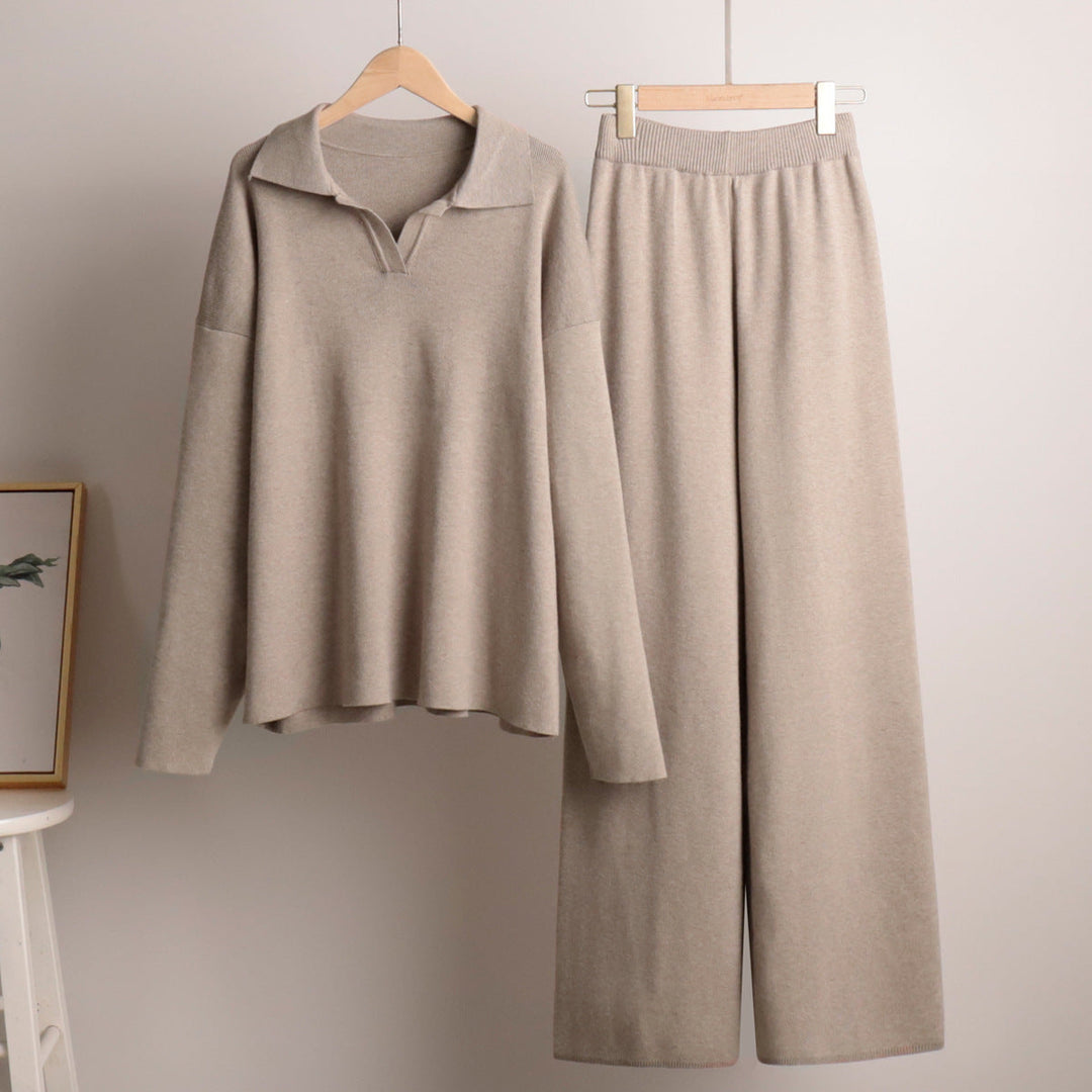 Damen Zweiteiler-Set mit Polo-Pullover und weiter Hose