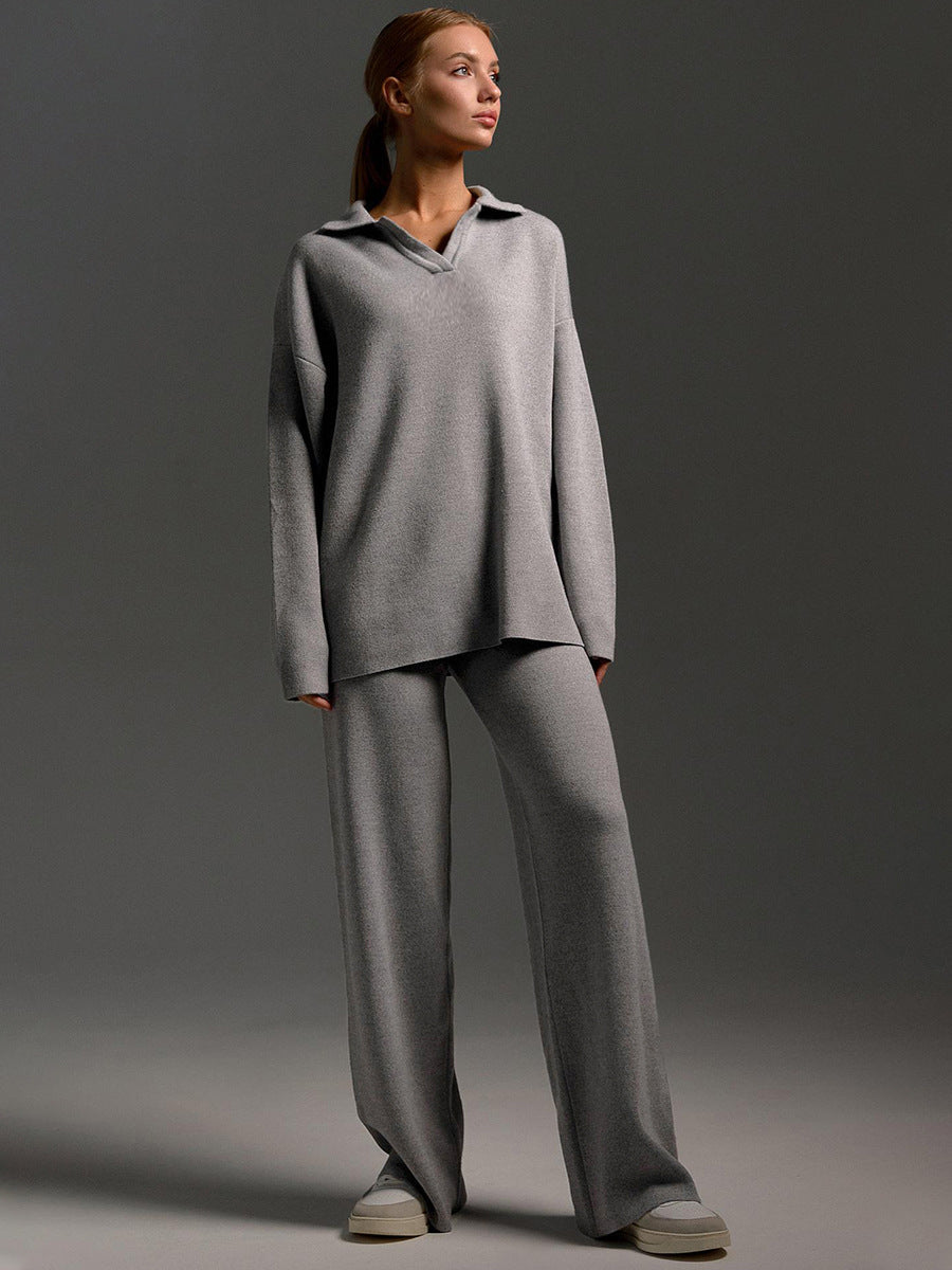 Damen Zweiteiler-Set mit Polo-Pullover und weiter Hose