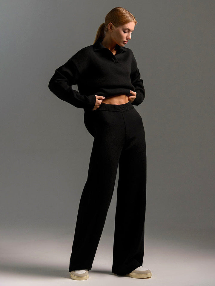 Damen Zweiteiler-Set mit Polo-Pullover und weiter Hose