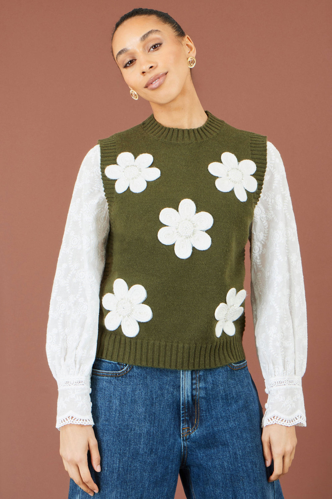 Strick-Top mit Blumenapplikationen, Grün