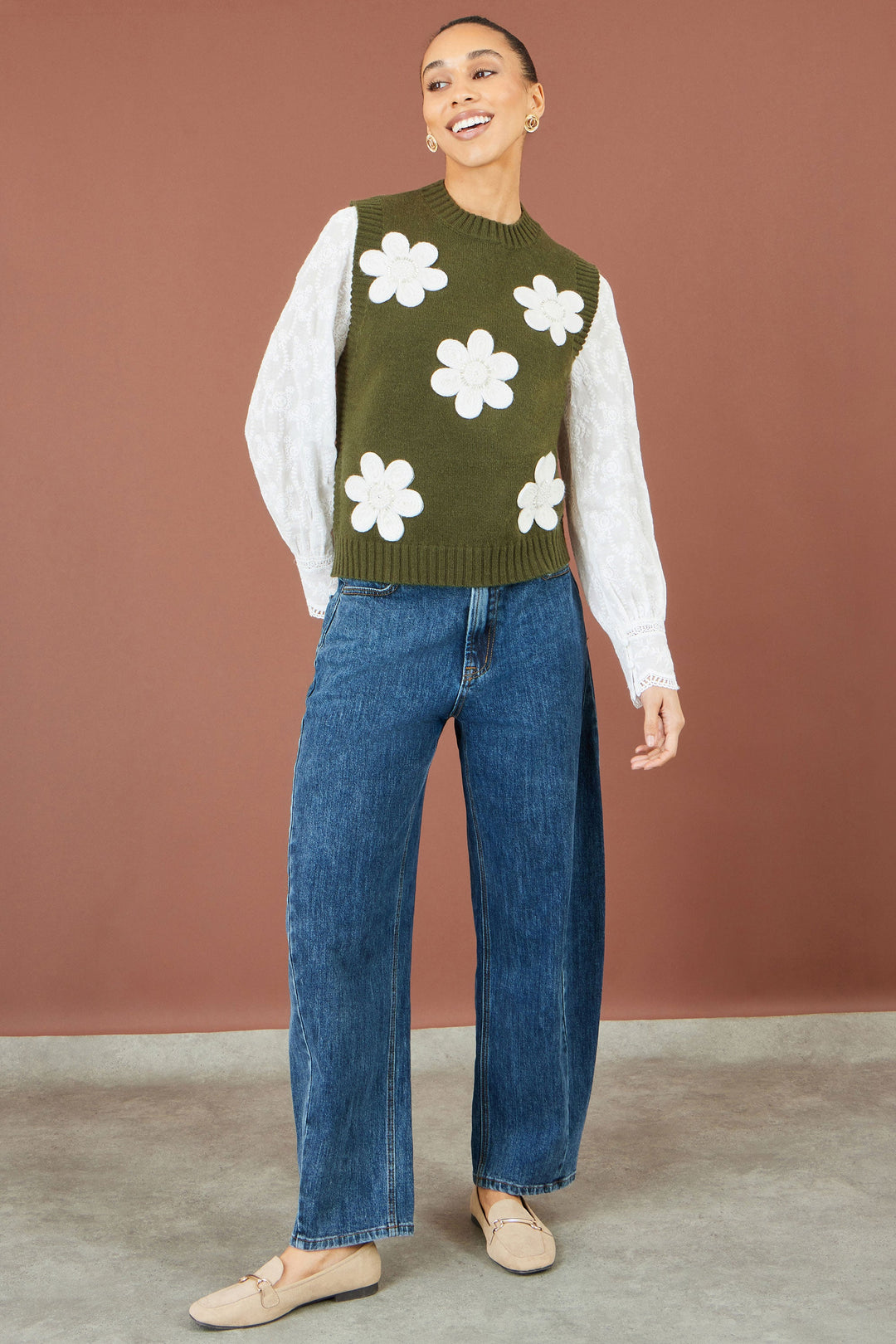 Strick-Top mit Blumenapplikationen, Grün