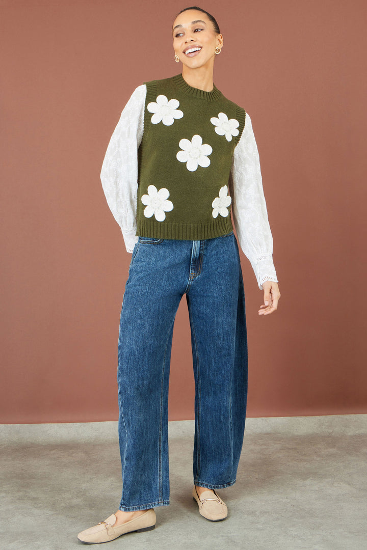 Strick-Top mit Blumenapplikationen, Grün