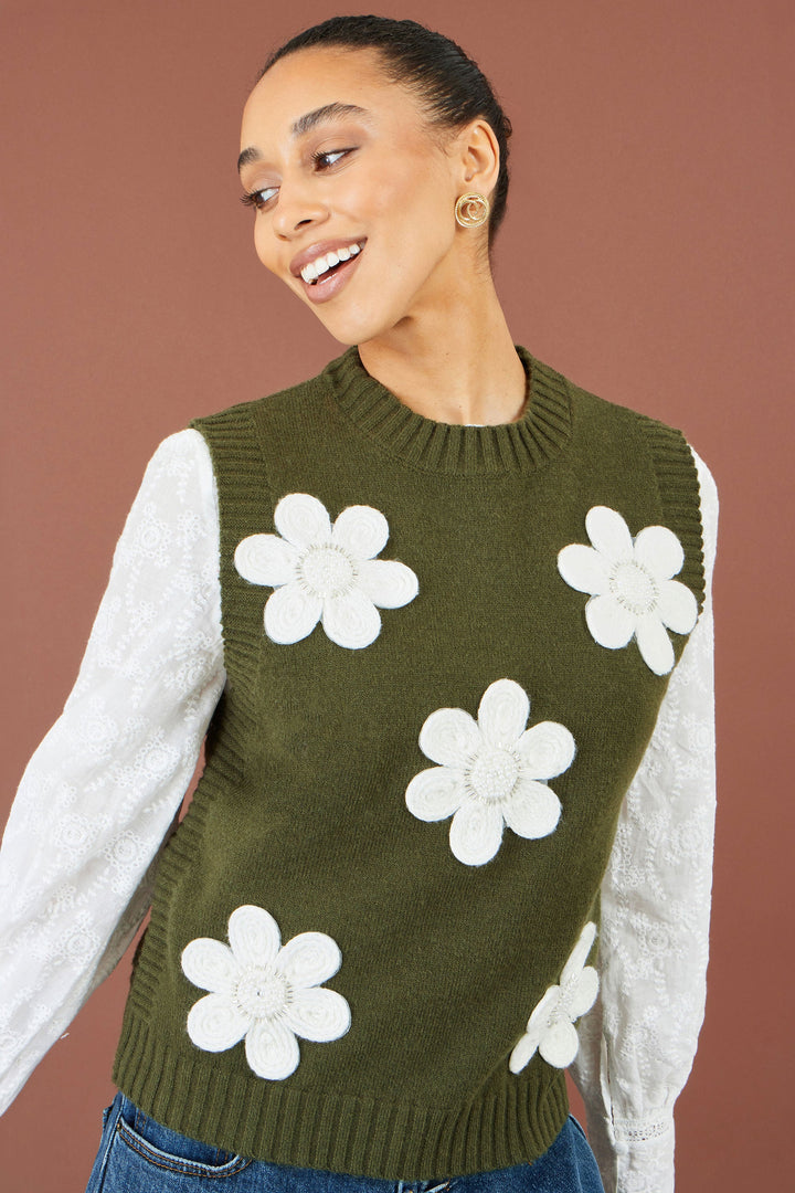 Strick-Top mit Blumenapplikationen, Grün