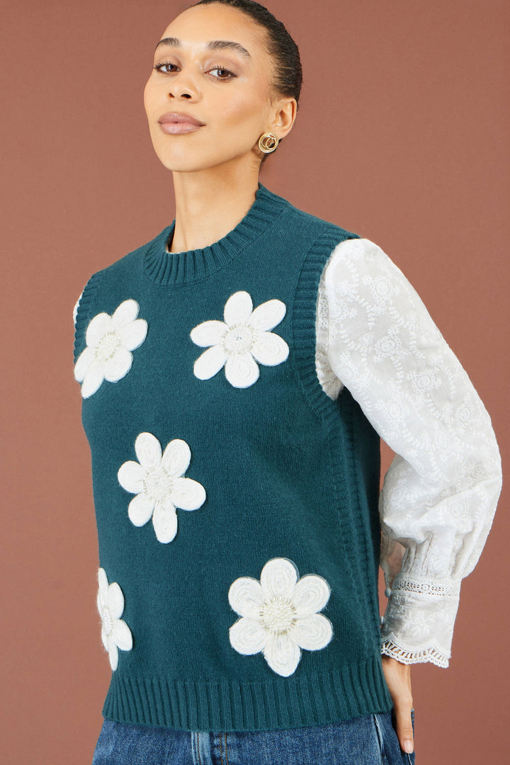Strick-Top mit Blumenapplikationen, Petrol