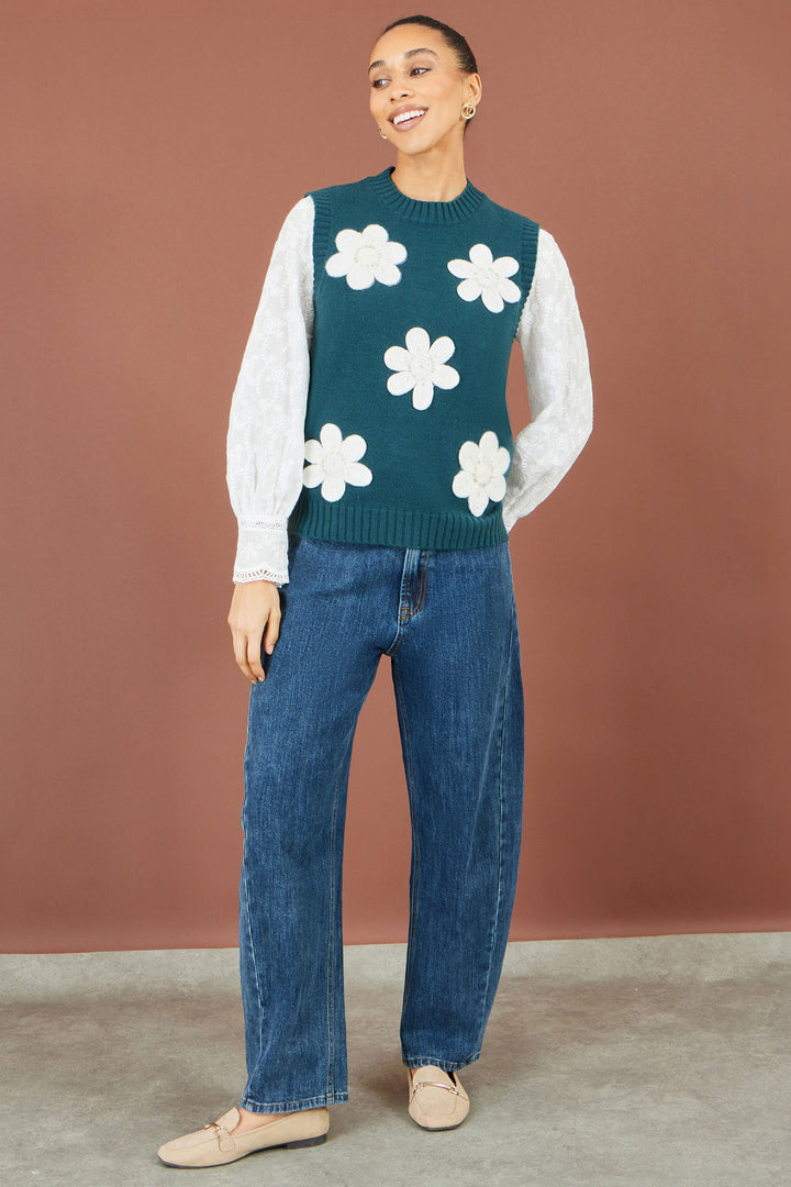 Strick-Top mit Blumenapplikationen, Petrol