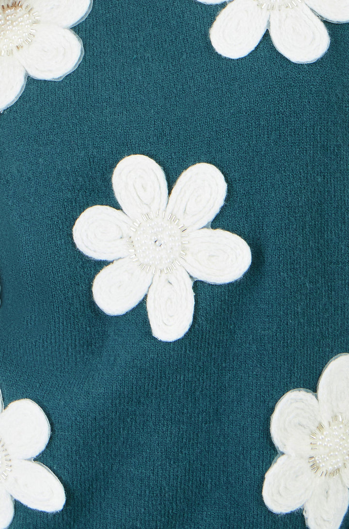 Strick-Top mit Blumenapplikationen, Petrol