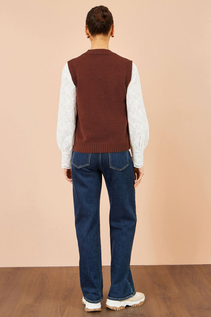 Strick-Top mit Blumenapplikationen, Braun
