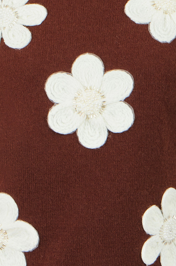 Strick-Top mit Blumenapplikationen, Braun