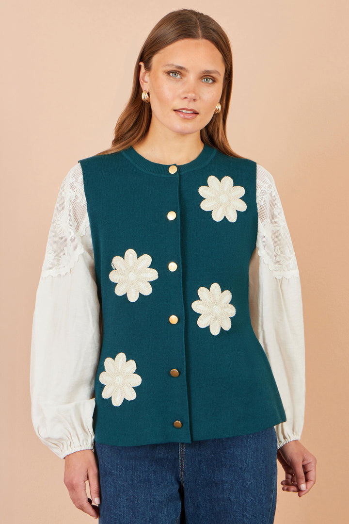 Strickweste mit Blumenapplikationen, Petrol