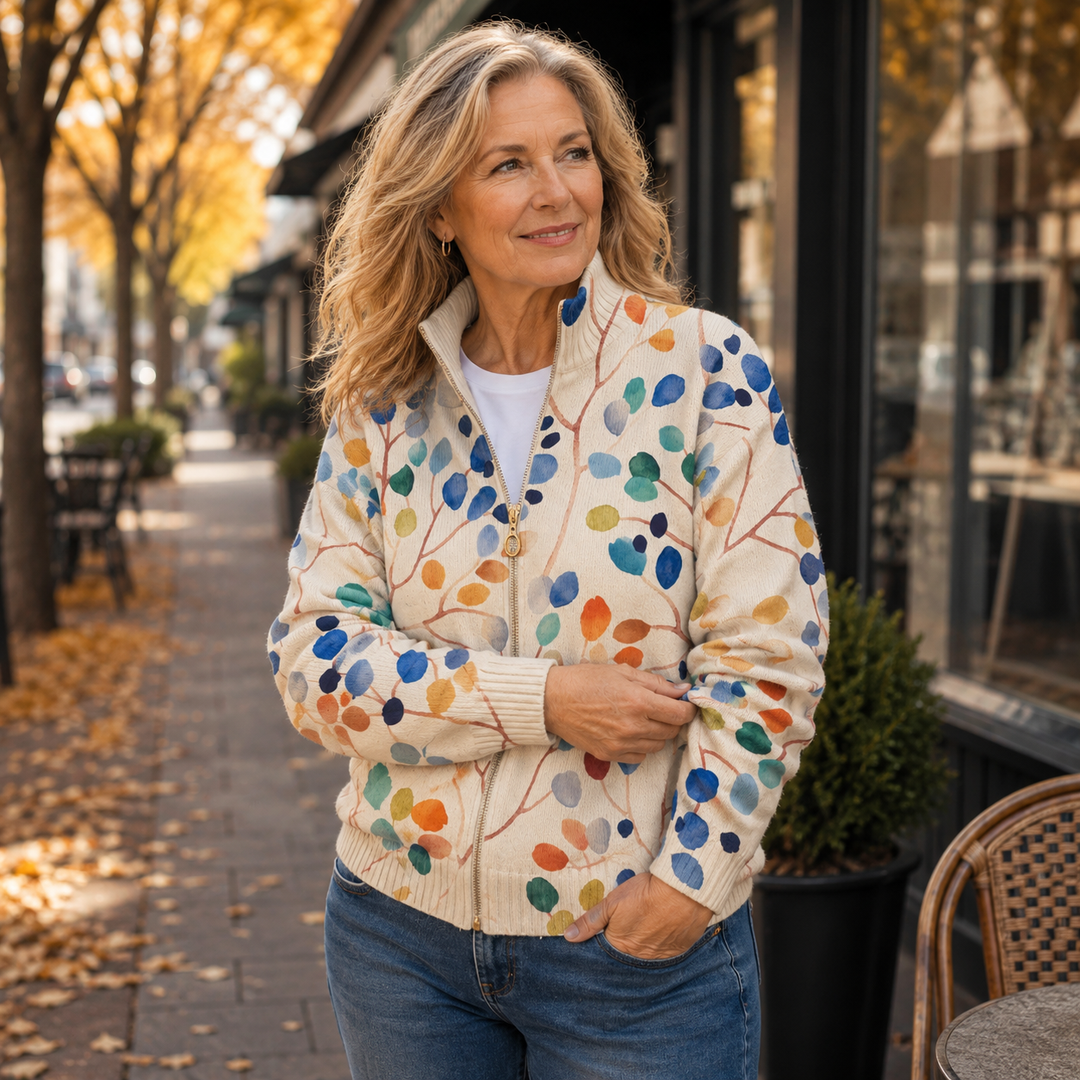 Fiona | Strickjacke mit botanischem Print und Reißverschluss