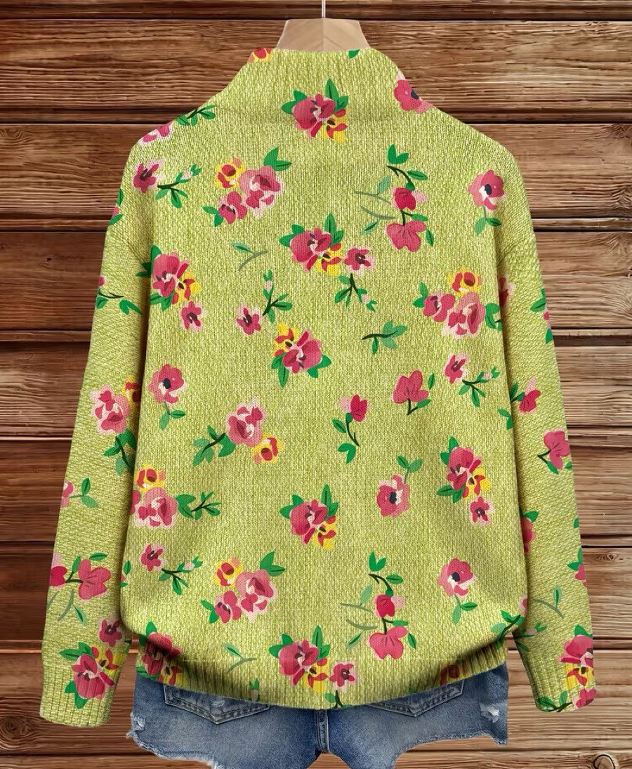 Lauren | Strickjacke mit rosa Blüten und grünem Reißverschluss