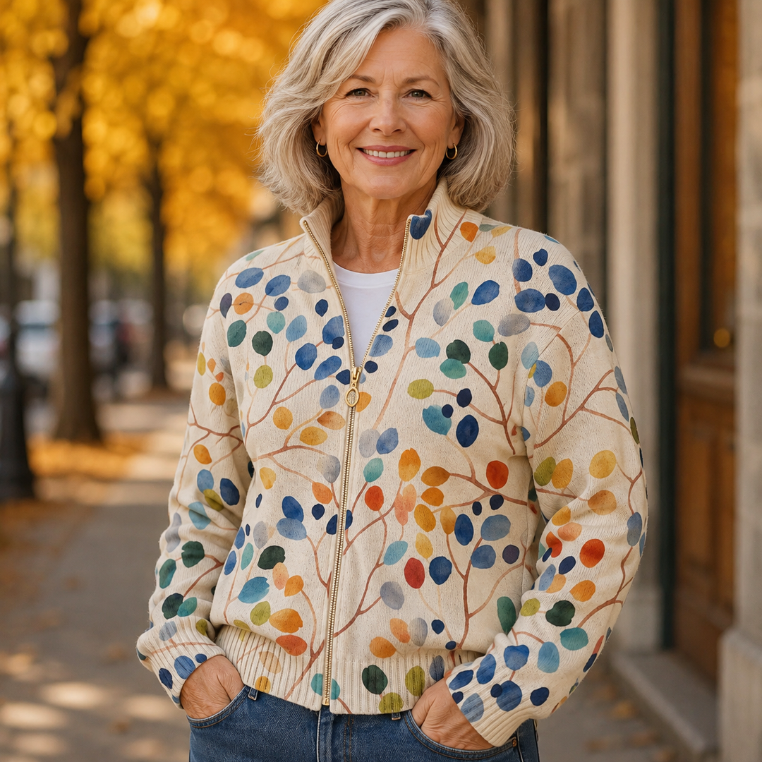 Fiona | Strickjacke mit botanischem Print und Reißverschluss