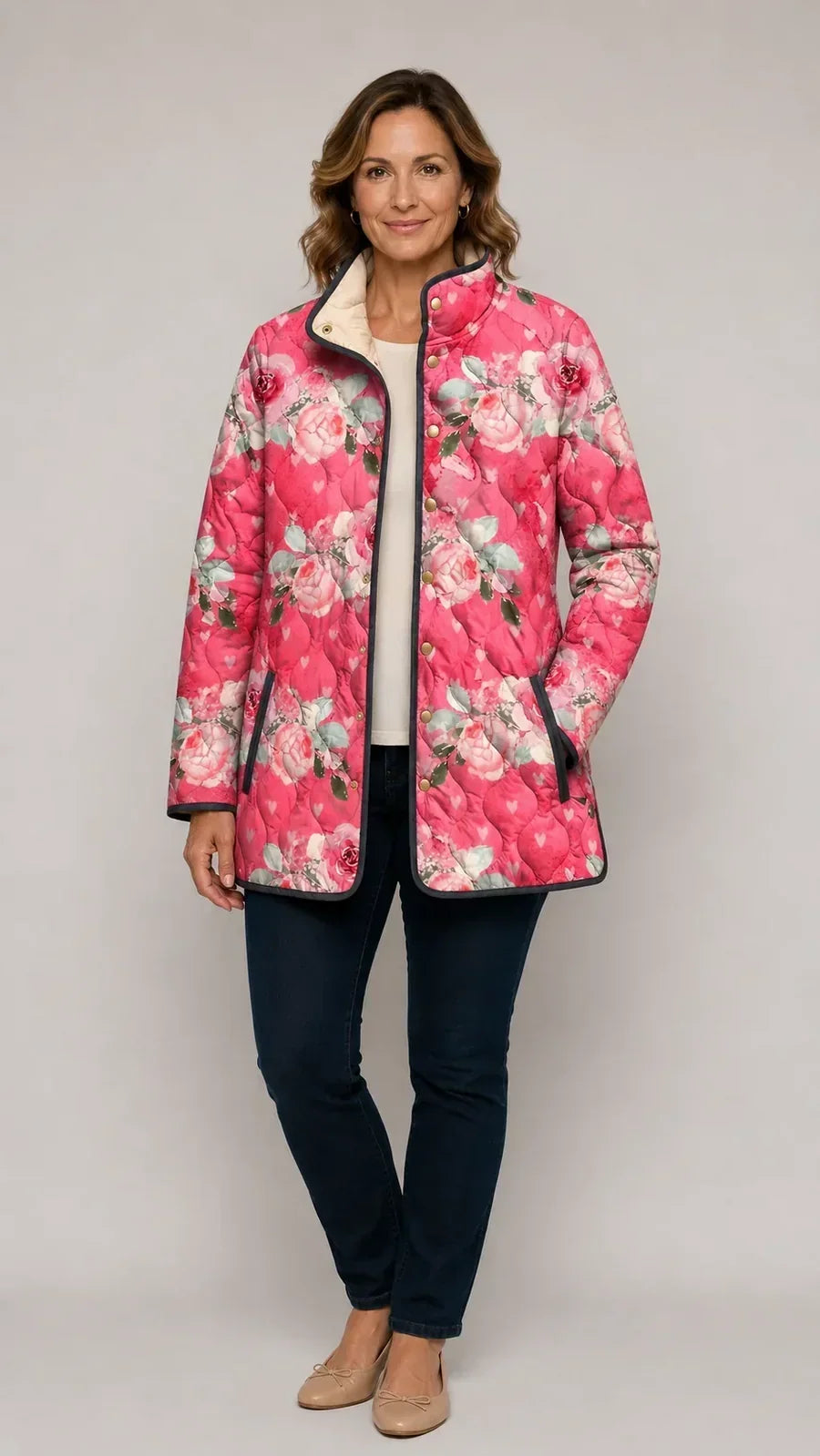 Freya | Elegante gesteppte Jacke mit rosafarbenem Blumenmuster