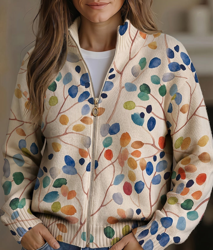 Fiona | Strickjacke mit botanischem Print und Reißverschluss