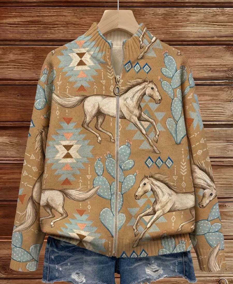 Kaitlyn | Strickjacke mit Kaktus- und Wüstenpferd-Print