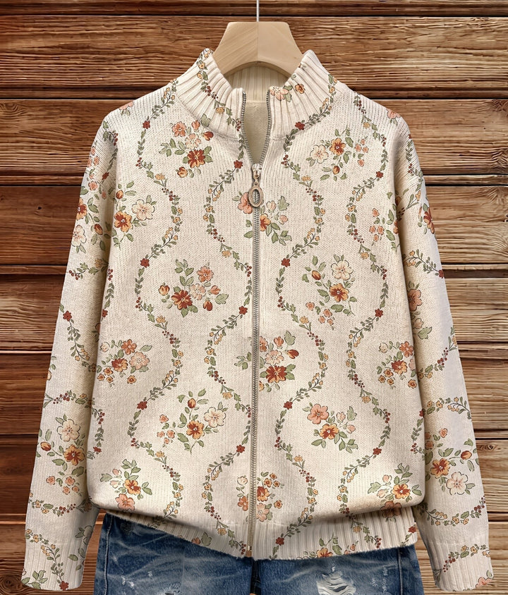 Danielle | Strickjacke mit zartem Blumenranken-Print in Creme