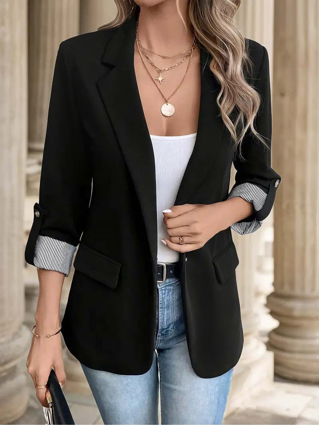 Damen leichter Blazer mit Knopfleiste und Reverskragen