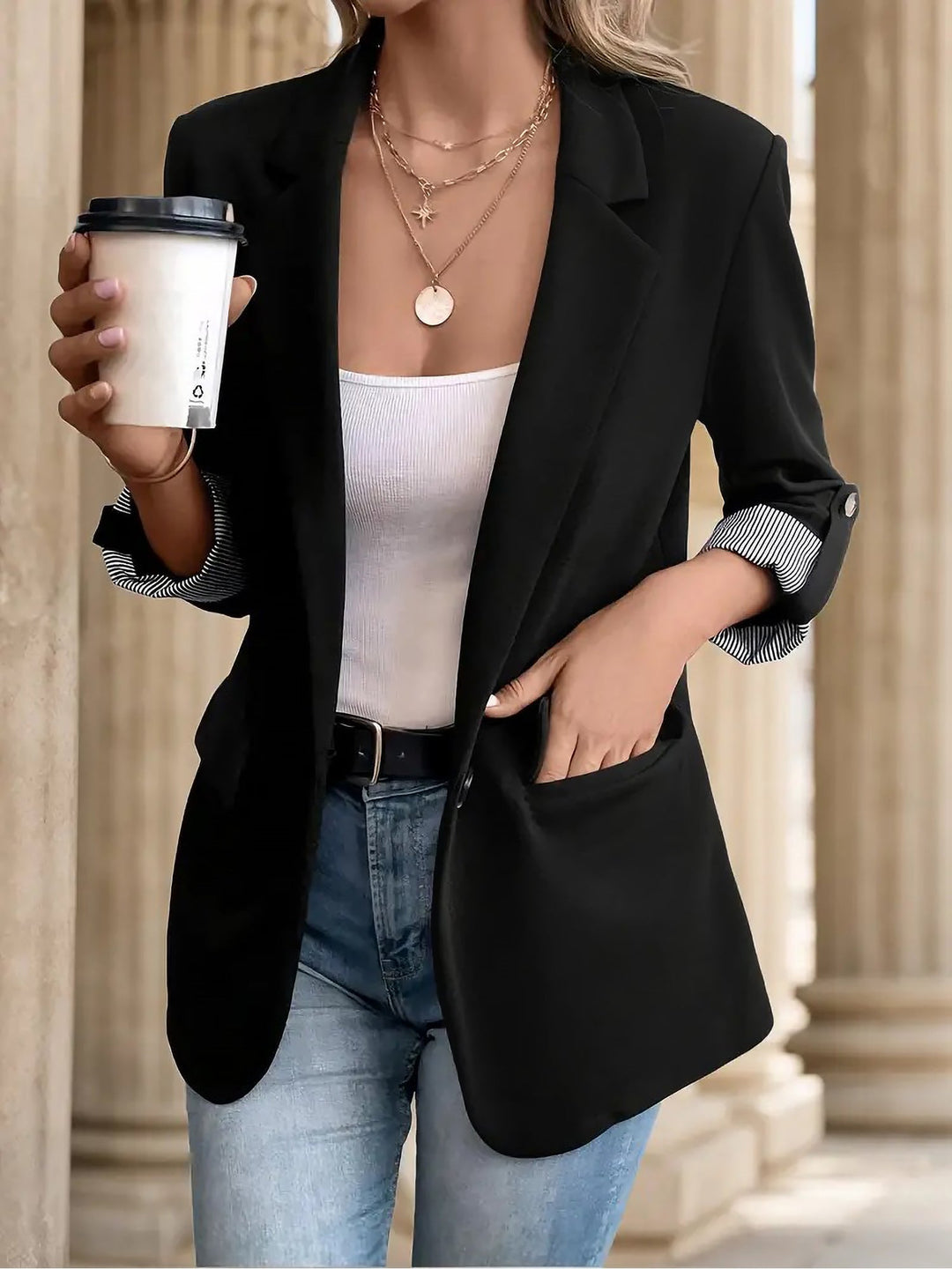 Damen leichter Blazer mit Knopfleiste und Reverskragen