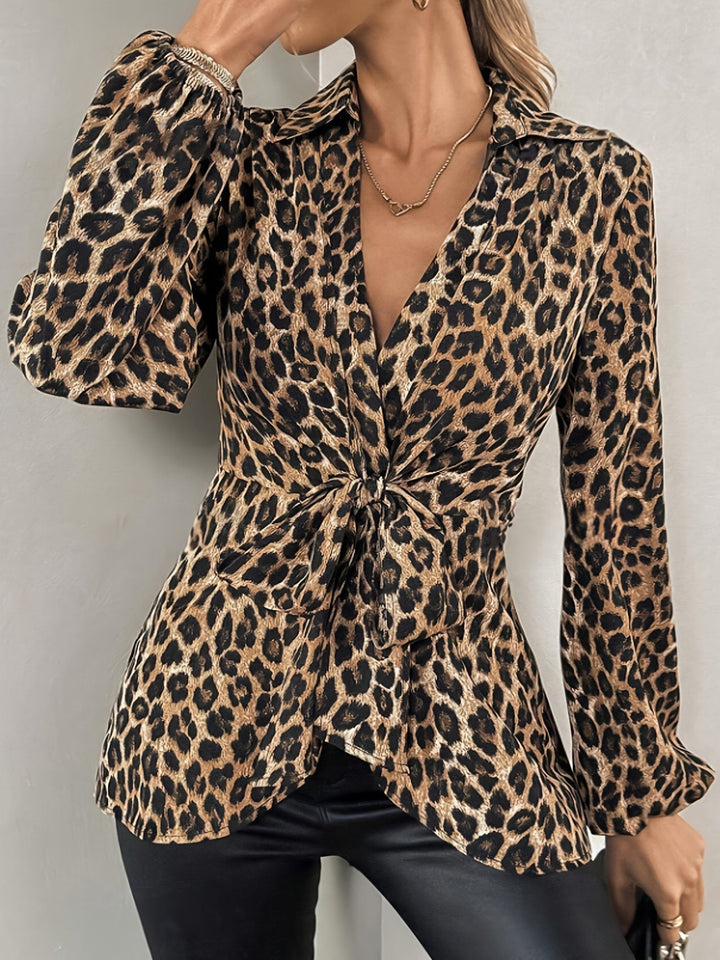 Damen Wickelbluse mit Leopardenprint und Bindegürtel