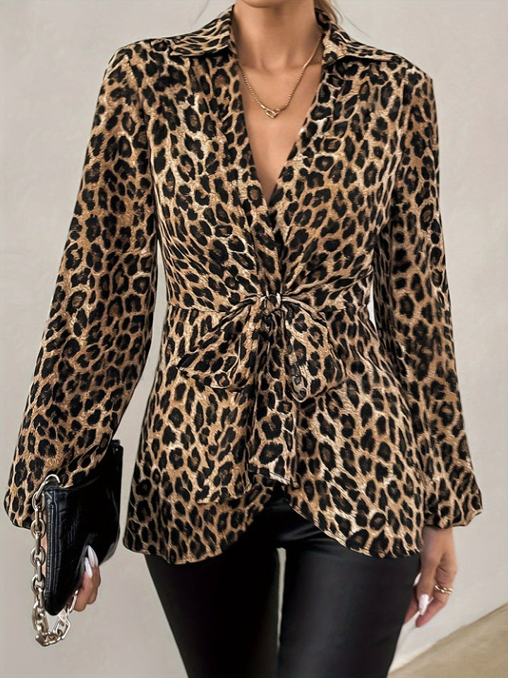 Damen Wickelbluse mit Leopardenprint und Bindegürtel